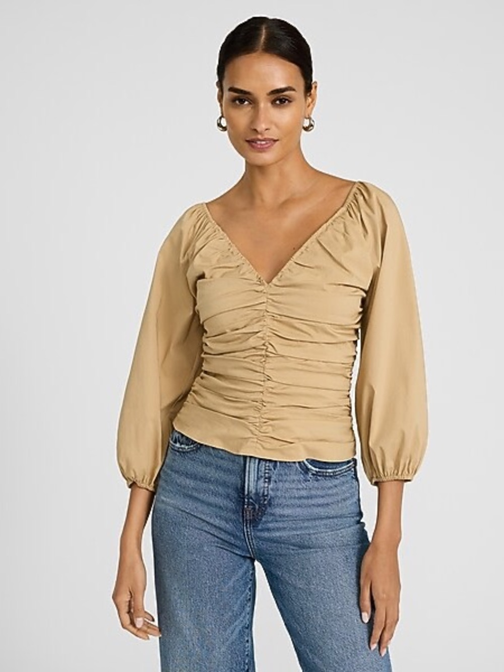 Express  V-Neck puff  Sleeve Top /Stretch cotton - Tan